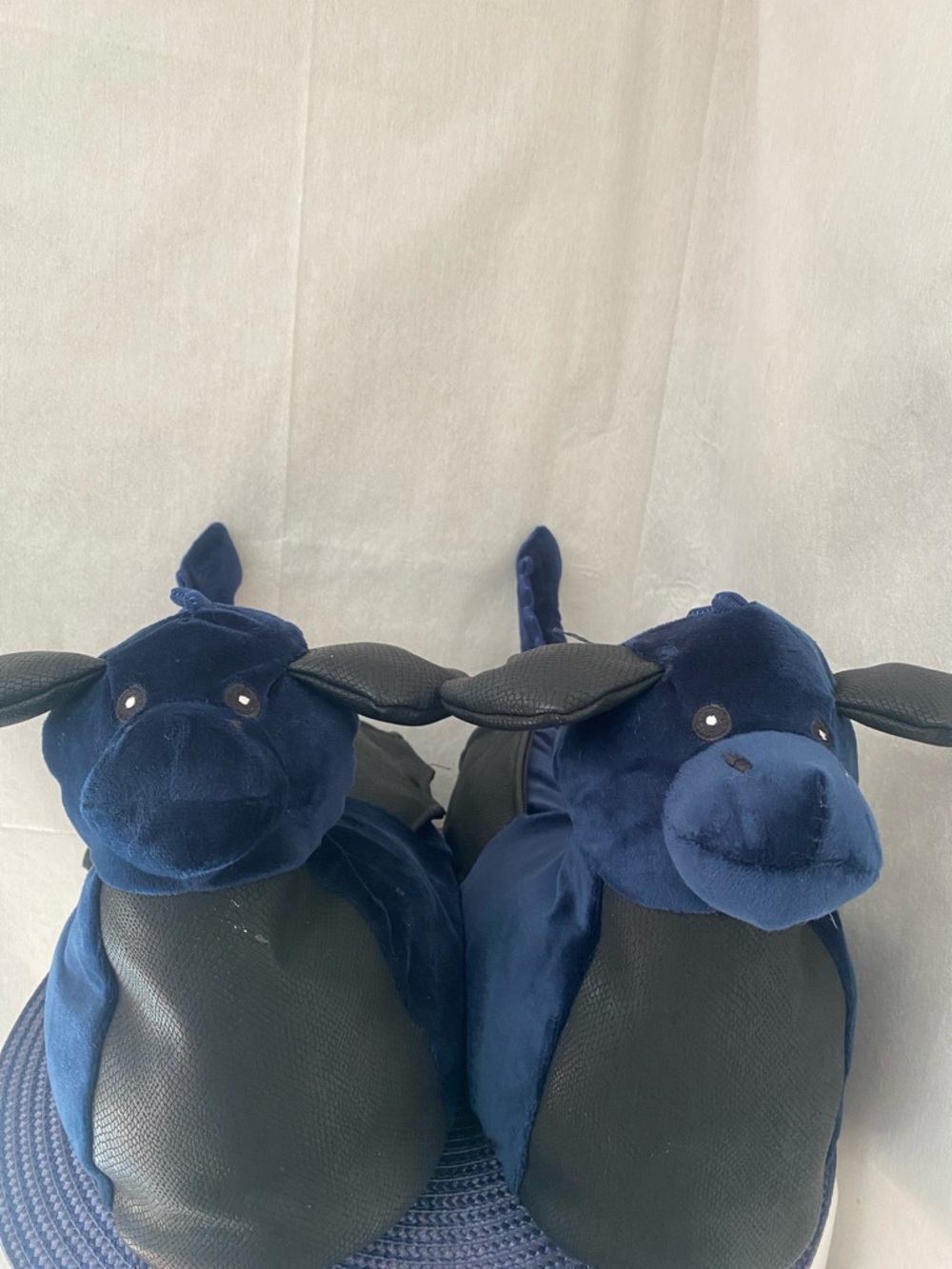 Plush Navy Dragon Slippers wings tail Med 9/10